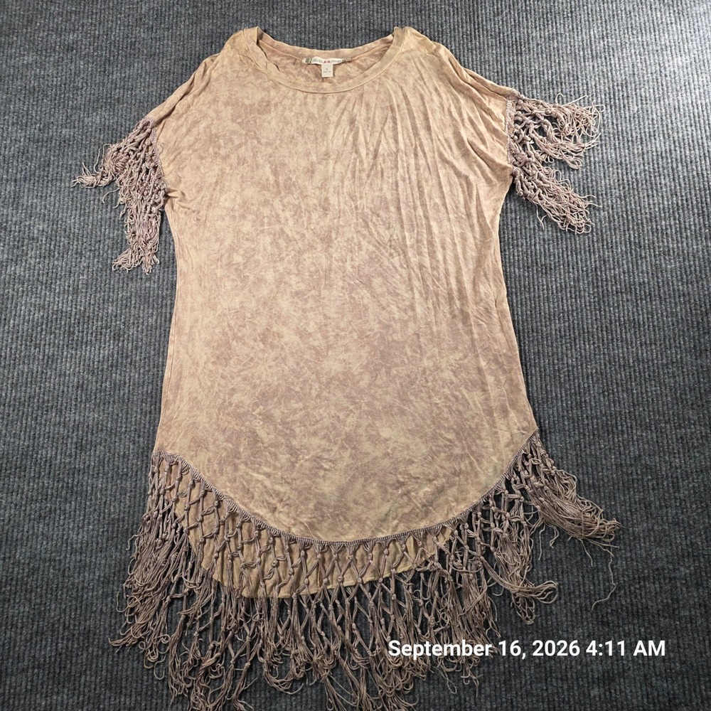 Chelsea & Violet Tan Acid Wash Fringe Macrame Boho Top Small